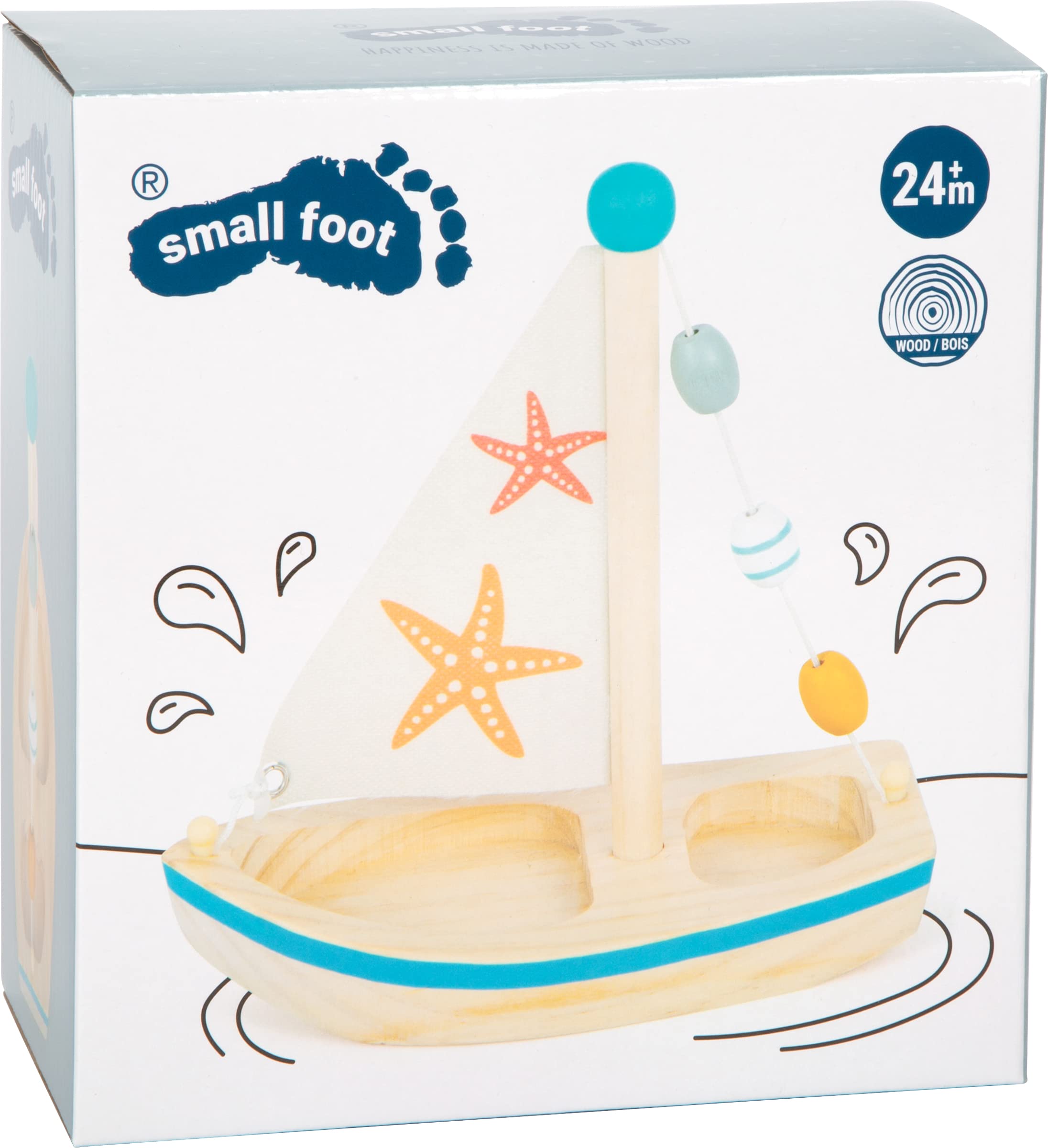 Small Foot 11658 Drewniana rozgwiazda żaglówka, zabawka do pływania, dla dzieci w wieku od 24 miesięcy, wielokolorowa