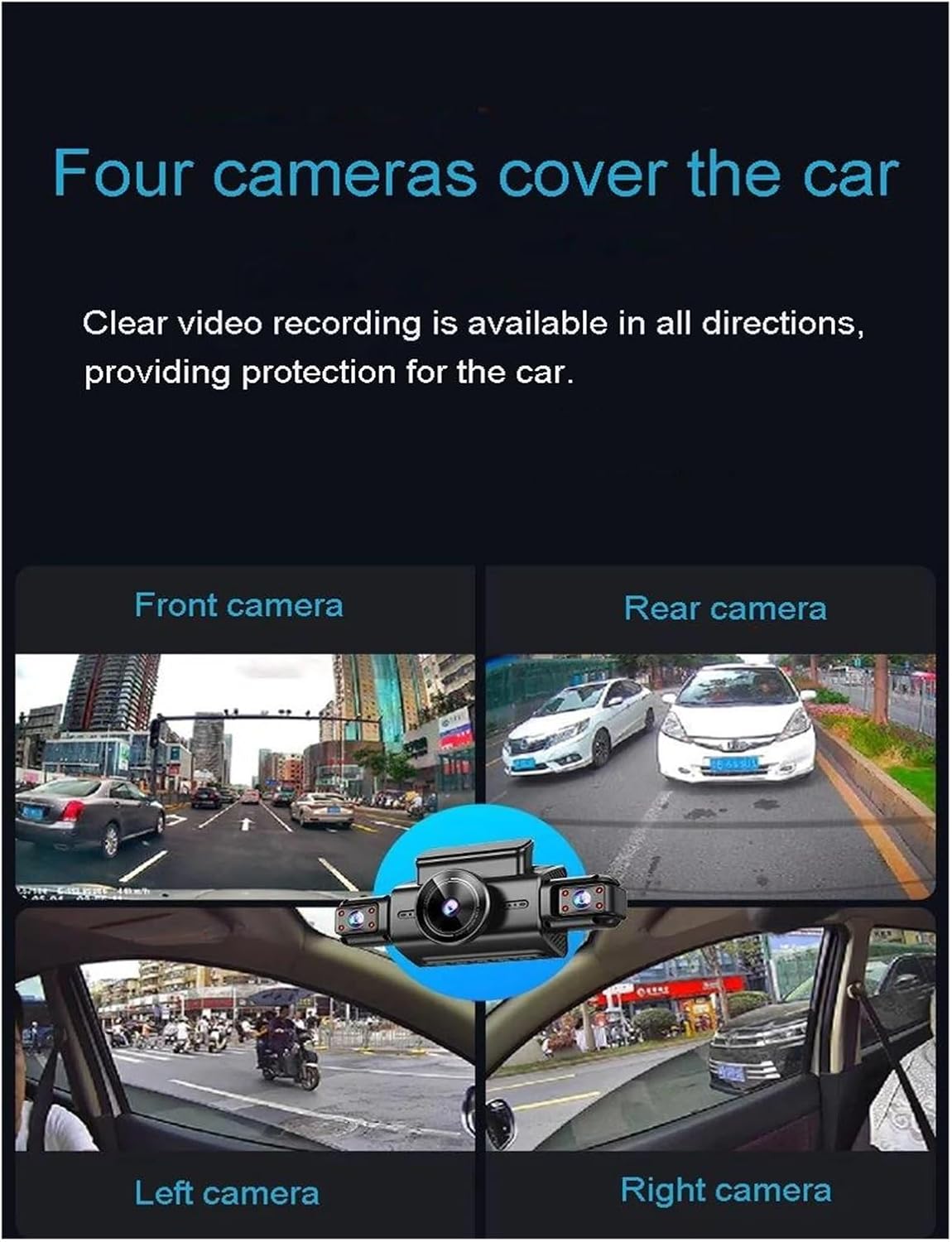 Four cameras covering the car's surroundings
