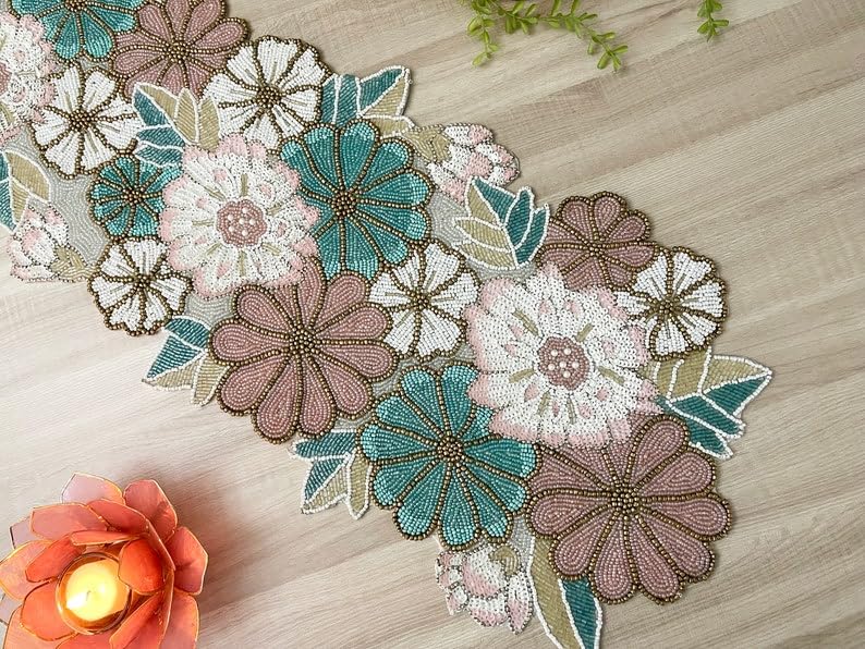 Image of Cotton Beautiful Beaded Table Runner, 13 x 36 Inches, Pack of 1 | Handcrafted Craftsmanship for Thanksgiving & Occasional Decoration