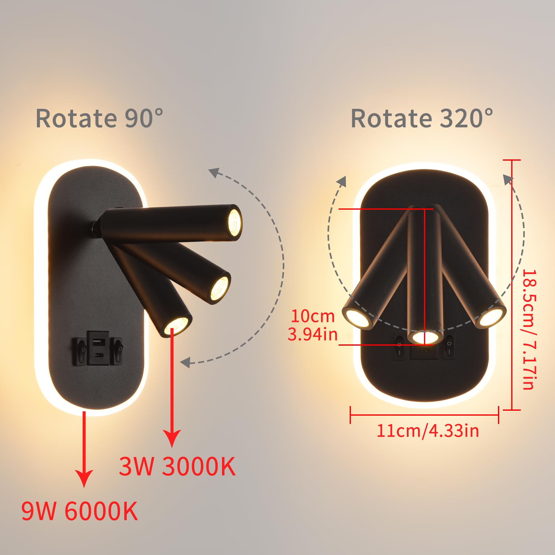LED Liseuse de chevet,Applique Murale avec interrupteur,USB + TYPE C port de charge Luminaire Murale,3W 3000K + 9W 6000K éclairage d'ambiance de chambre à coucher,Spot réglable Lampe de Lecture Noir