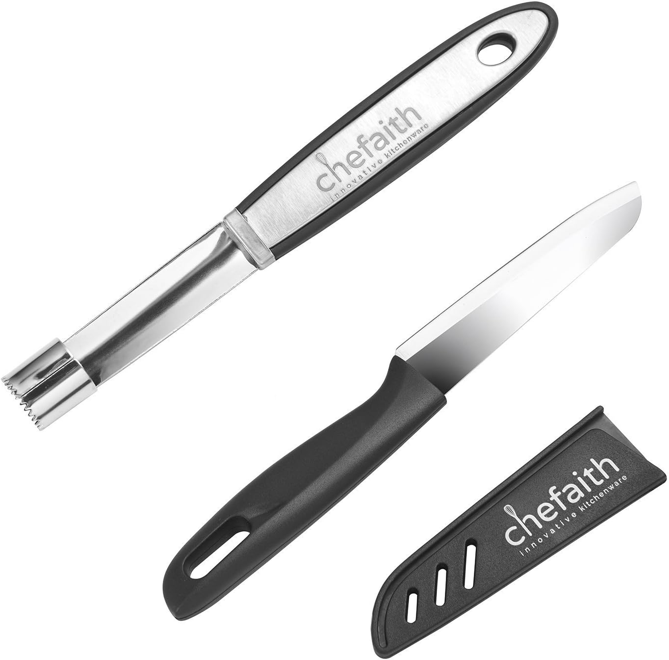 Chefaith 8.3" Stainless Steel Apple & Cupcake Corer [Rubber Handle] + Free 7.9" Fruit & Vegetable Knife as Bonus - Heavy-duty One Piece Design, Ergonomic Anti-slip Handle for Nice Grip, Easy to Clean