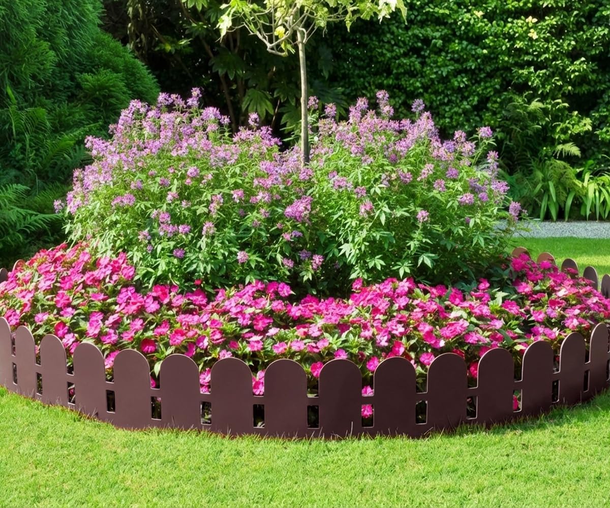Landscape Edging Borders 5.5IN x 49FT, Garden Edging Border with 75pcs Plastic Spikes, Arched Design Flexible Lawn Edging Without Digging, Landscaping DIY for Tree Flowerbeds Grass Yard -Brown