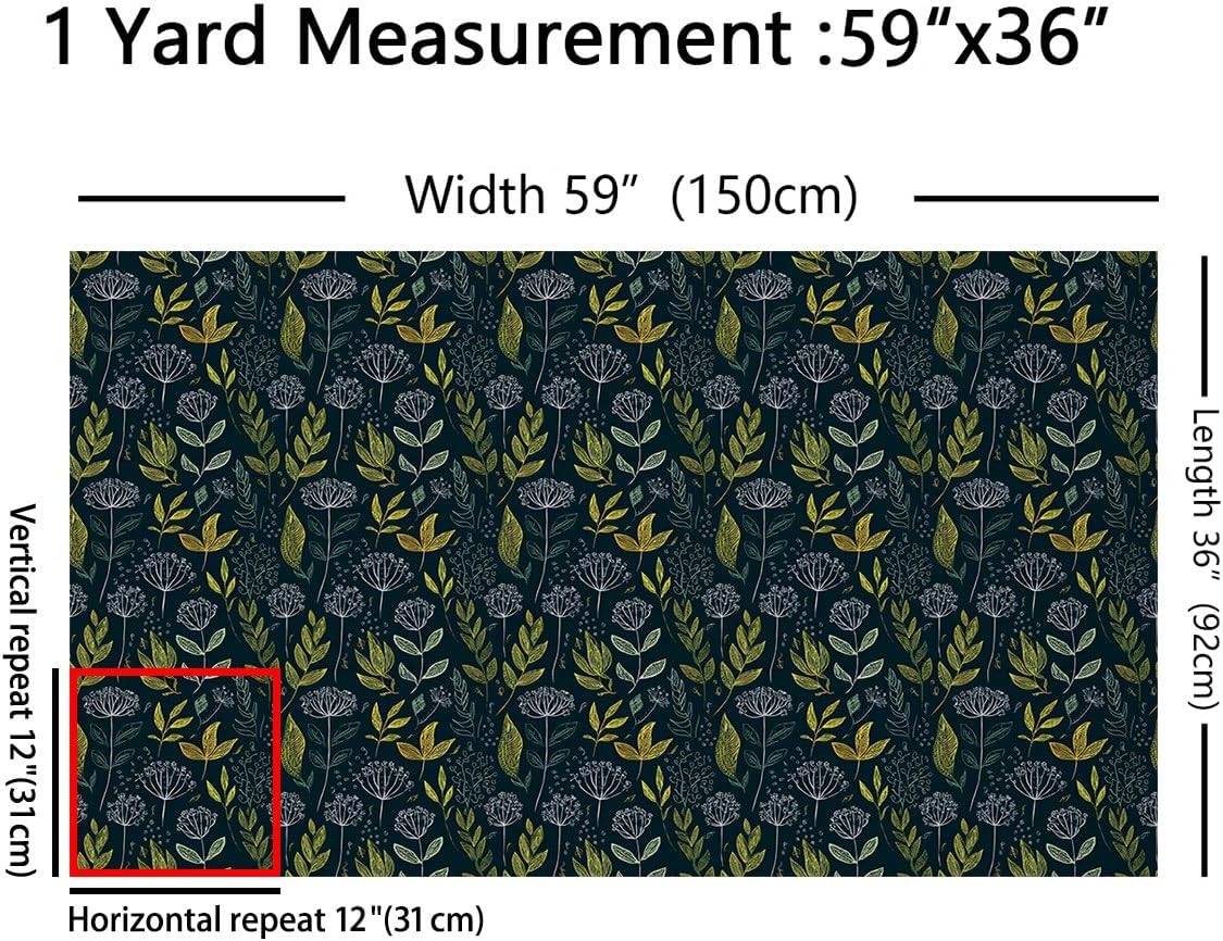 Feelyou Bontanical Fabric by The Yard, Cartoon Floral Branches Doodle Theme Upholstery Fabric for Chairs and Home DIY Projects, Nature Theme Decorative Waterproof Fabric, 3 Yards, Dark Green