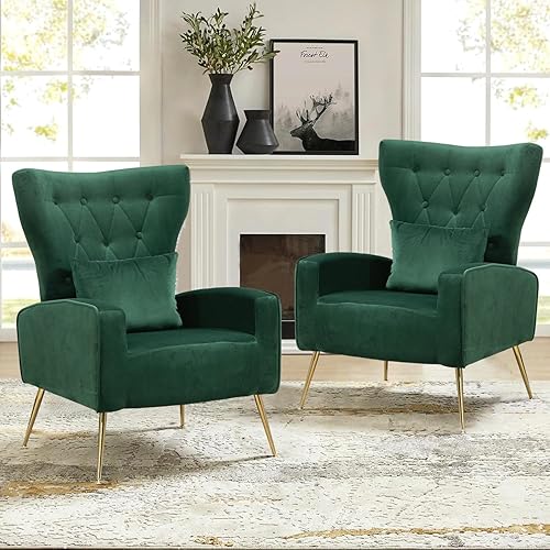 Miniatura 75 de Silla moderna de terciopelo para sala de estar, dormitorio, silla con respaldo alado con brazo y patas doradas, silla auxiliar de recepción de