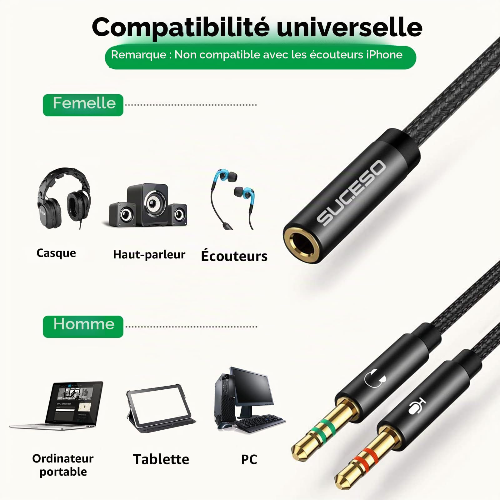 Adaptateur Jack Audio Stéréo 3,5mm Câble Nylon Tressé Splitter Y Femelle à 2 Mâle 35cm