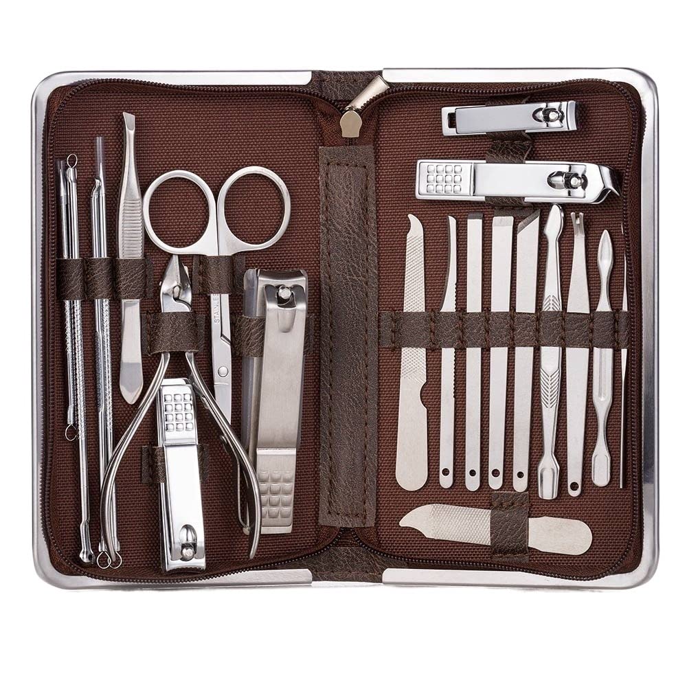 Coupe-ongles professionnel et kit manucure 21 pièces marron en acier inoxydable