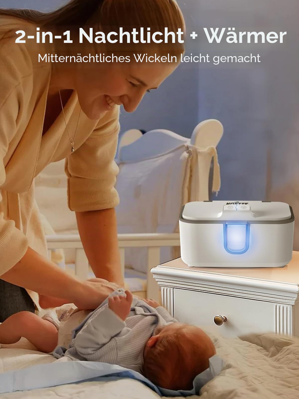 Baby Feuchttücherwärmer, größere Kapazität, Wischtuchspender, gleichmäßige Erwärmung Windel-Wischerwärmer mit Nachtlicht, Ein-/Ausschalter, Weiß