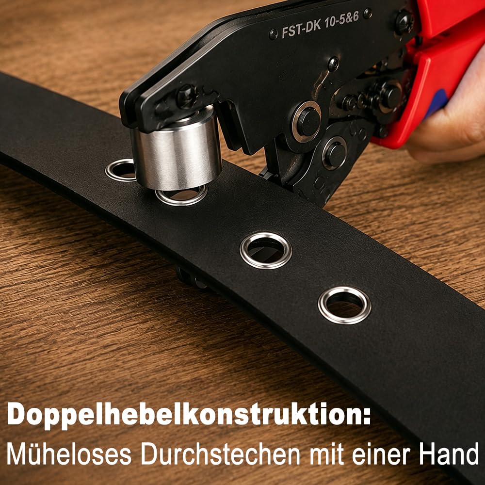 Ösenzange Set mit 500 Rostfreien Ösen (250pcs Ø 6mm & 250pcs Ø 10mm) Magnetische Ösenpresse, Ratsche Ösenstanze mit Wechselbarem Stanzkopf, Ösenzange für Planen, Banner, Stoffe, Leder, Gürtel