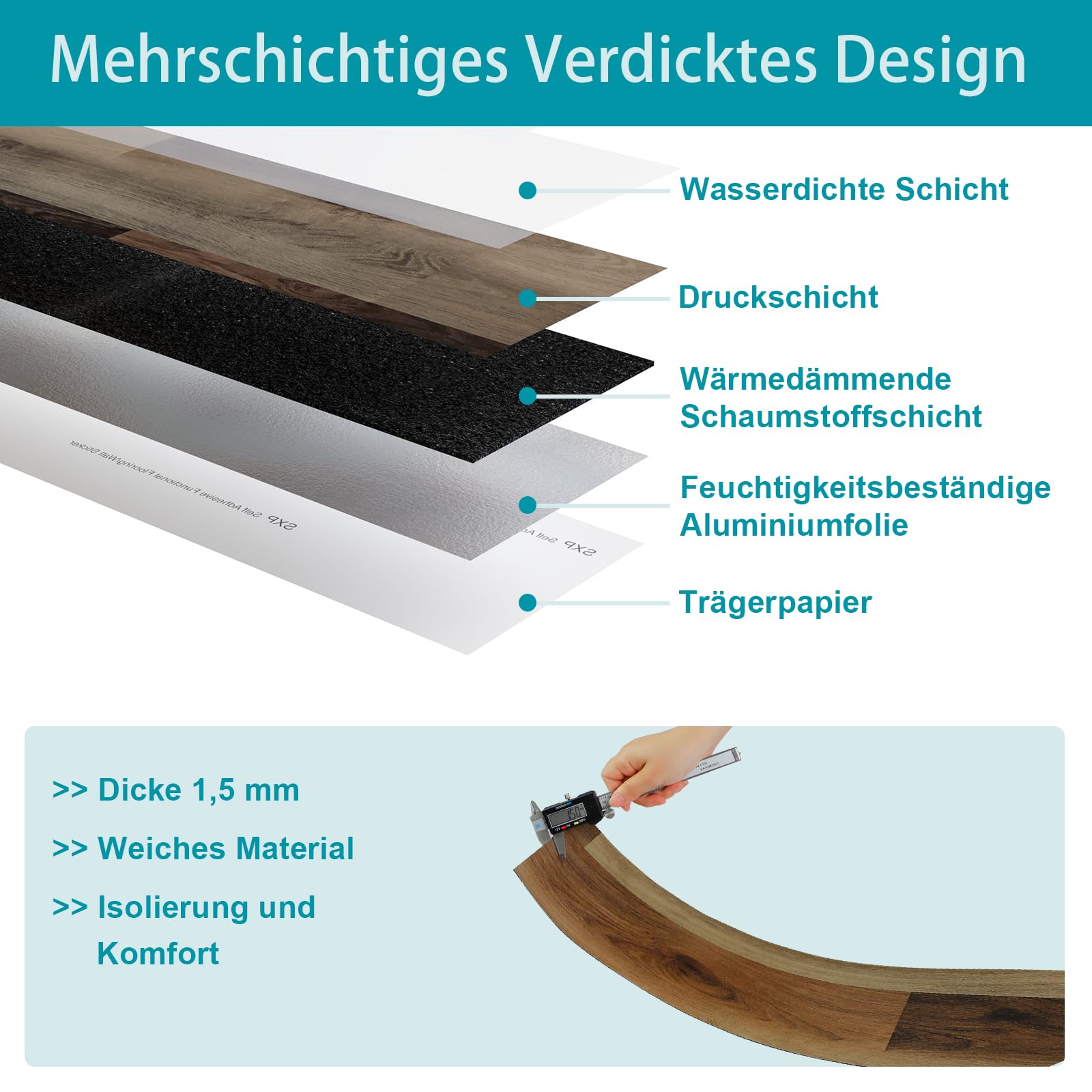 Oxdigi PVC Bodenbelag Selbstklebende 1.6m², Verdickt Holzoptik Vinylboden Bodenfliesen für Eingangstür, Wohnzimmer, Küche, Balkon, Abstellraum, Zuschneidbar Vinyl-Fußböden 15x91 cm 12 Dielen