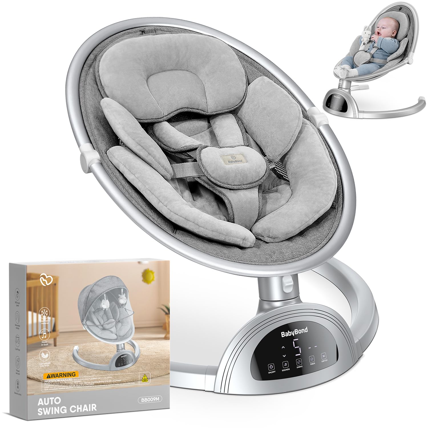 BabyBond Baby Swings for Infants, Bluetooth Infant Swing with Music Speaker, 3 Seat Positions, 5 Point Harness Belt, 5 Speeds and Remote Control - Portable Baby Swing for Indoor and Outdoor (Silver)