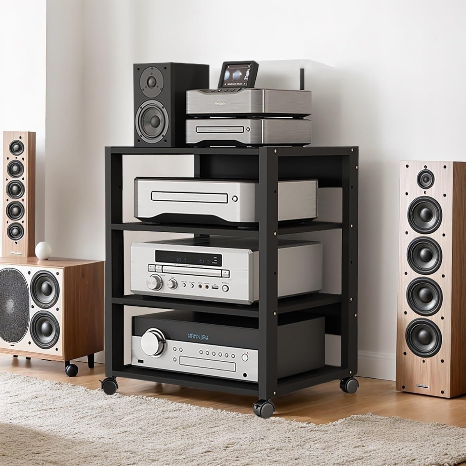 Supporto multimediale AV a 3/4/5 livelli, supporto TV angolare, rack audio indipendente, supporto per lettore CD, armadio per componenti stereo con ripiani in legno, vano portaoggetti aperto