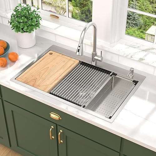 33x22 Drop In Kitchen Sink with Faucet Combo - 33 Inch Kitchen Sinks Drop In 16 Gauge Stainless Steel Topmount Single Bowl Workstation Over Mount Sinks and Faucet Combo Set #TLT-0020