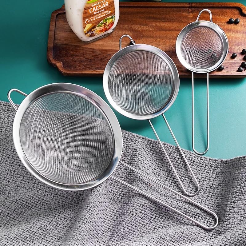Juego de 3 coladores de cocina, diámetro 7/12/18 cm, colador de acero inoxidable, colador de malla fina con asa, para escurrir pasta, quinua, azúcar en polvo, verduras, frutas, té