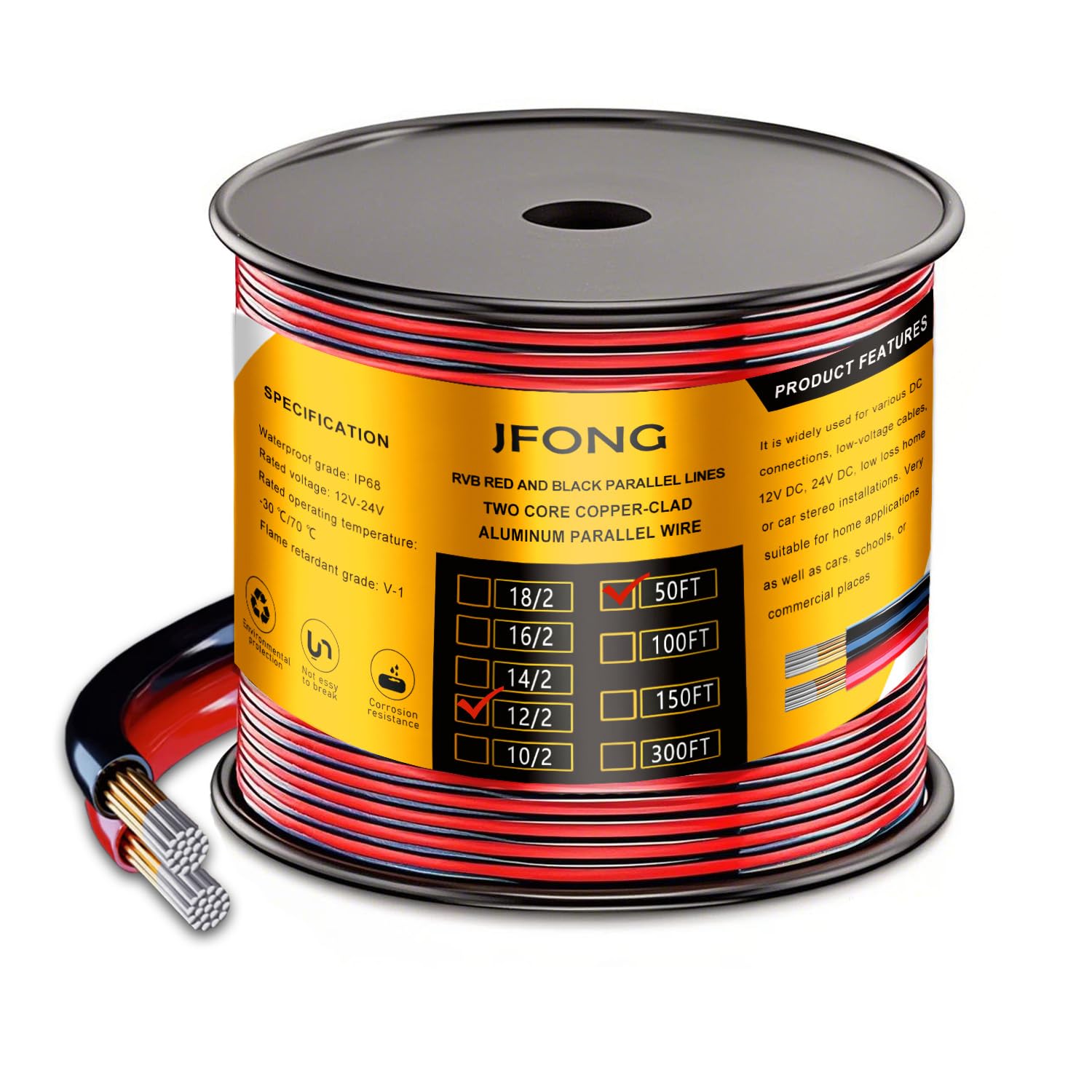 JFONG 12 Gauge Wire,50FT 12/2 Red Black Electrical Wire Hookup Extension Cord 12/24V 2 Cable 12AWG for LED Ribbon Lamp Strip Tape Lights