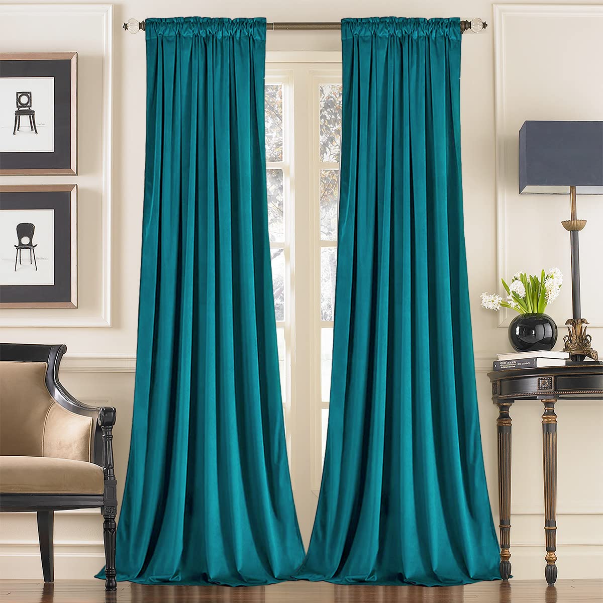 SOFJAGETQ Peacock Blue/Teal Velvet Curtains 108 inch Long- Room Darkening Christmas Curtains, Super Soft and Elegant Teal Drapes for Bedroom, Living Room, Nursery, Office, 2 Panels