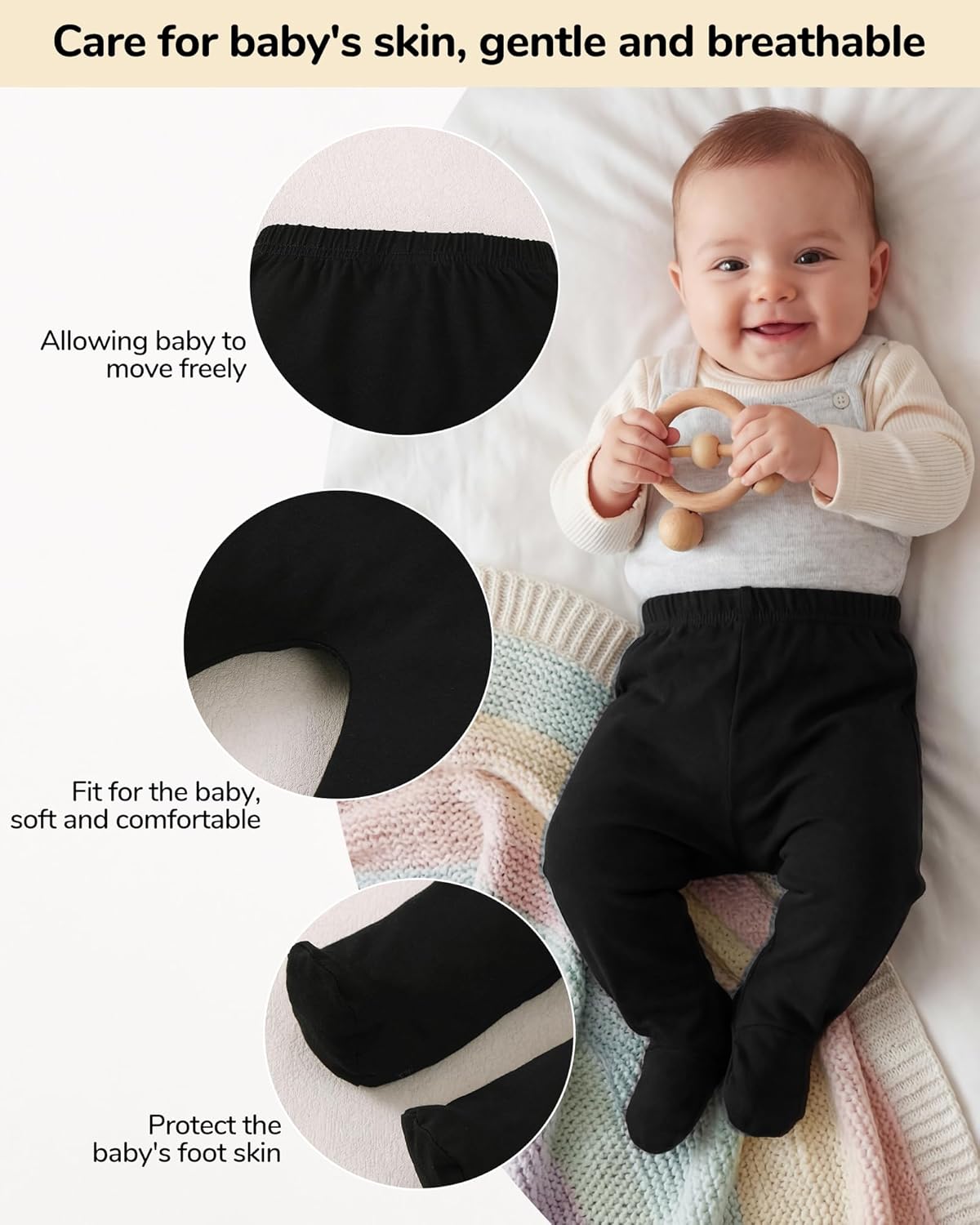 4 Pack Baby Footed Pants: Soft Cotton Spandex Pants with Feet Pull on Bottoms for Infant Unisex Baby Boys Girls - Image 7