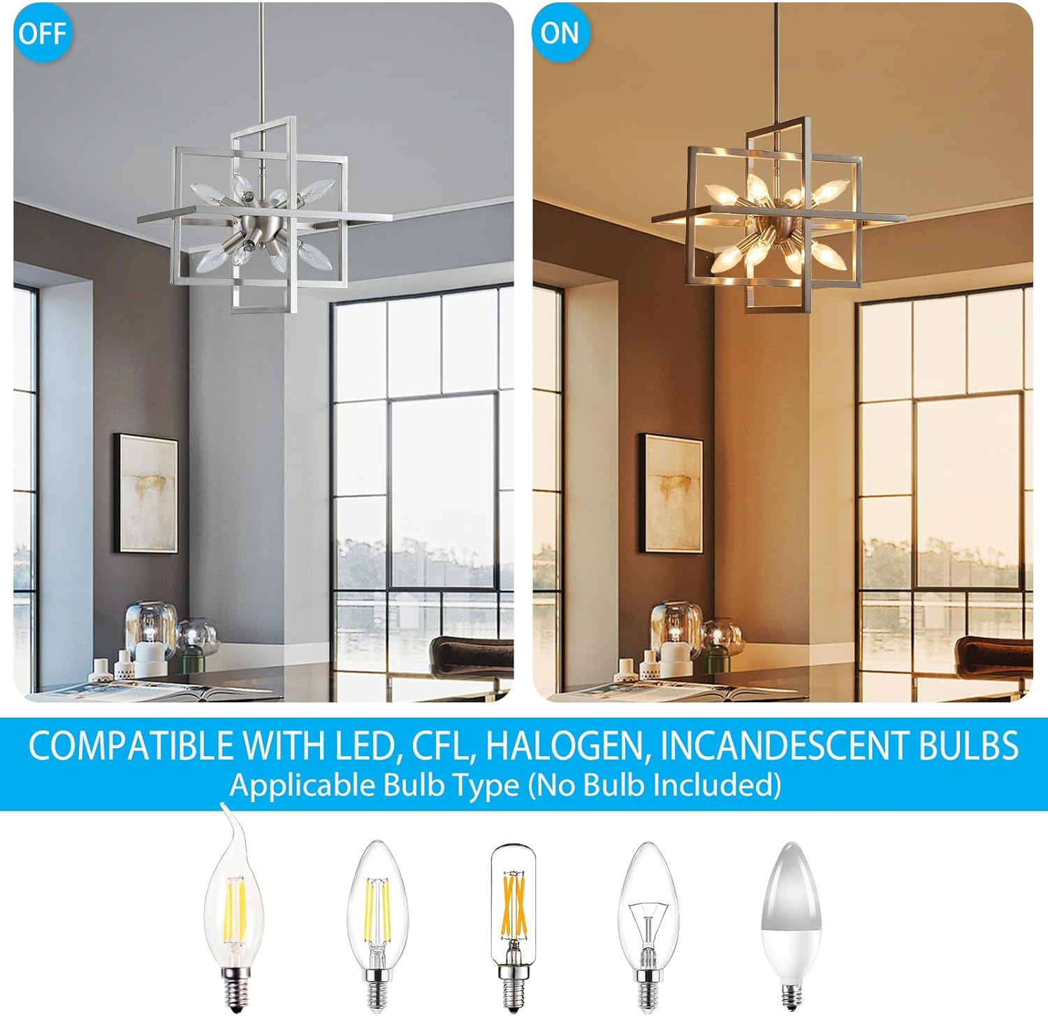 XINGQI Modern Chandelier 8-Light Brushed Nickel Geometric Pendant Lighting Farmhouse Ceiling Light Fixtures for Dining Room Living Room Kitchen Island Bedroom Hallway