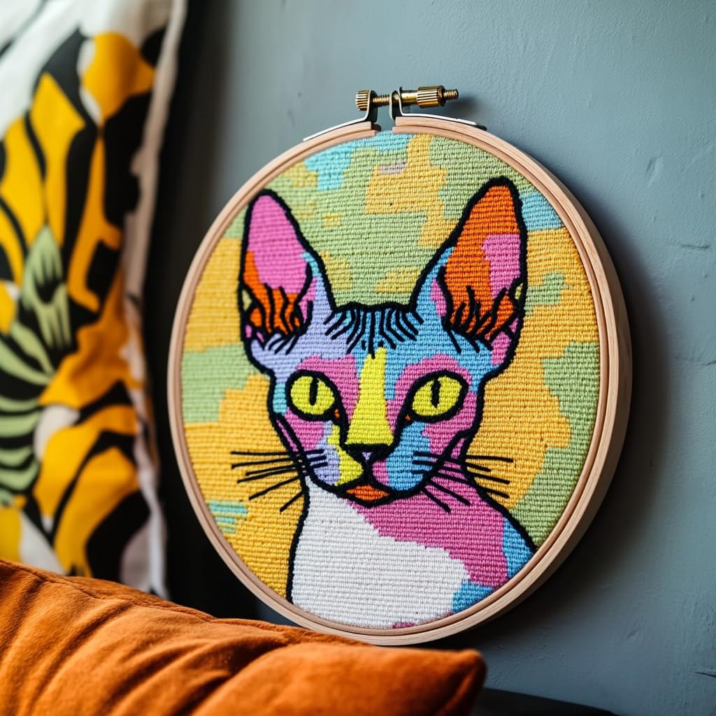 DIY Punch Needle Kits Sphynx Cat Easy for Beginners Punch Needle Embroidery Set with Hoop Stamped Pattern for Craft Lovers and Home Decor-3