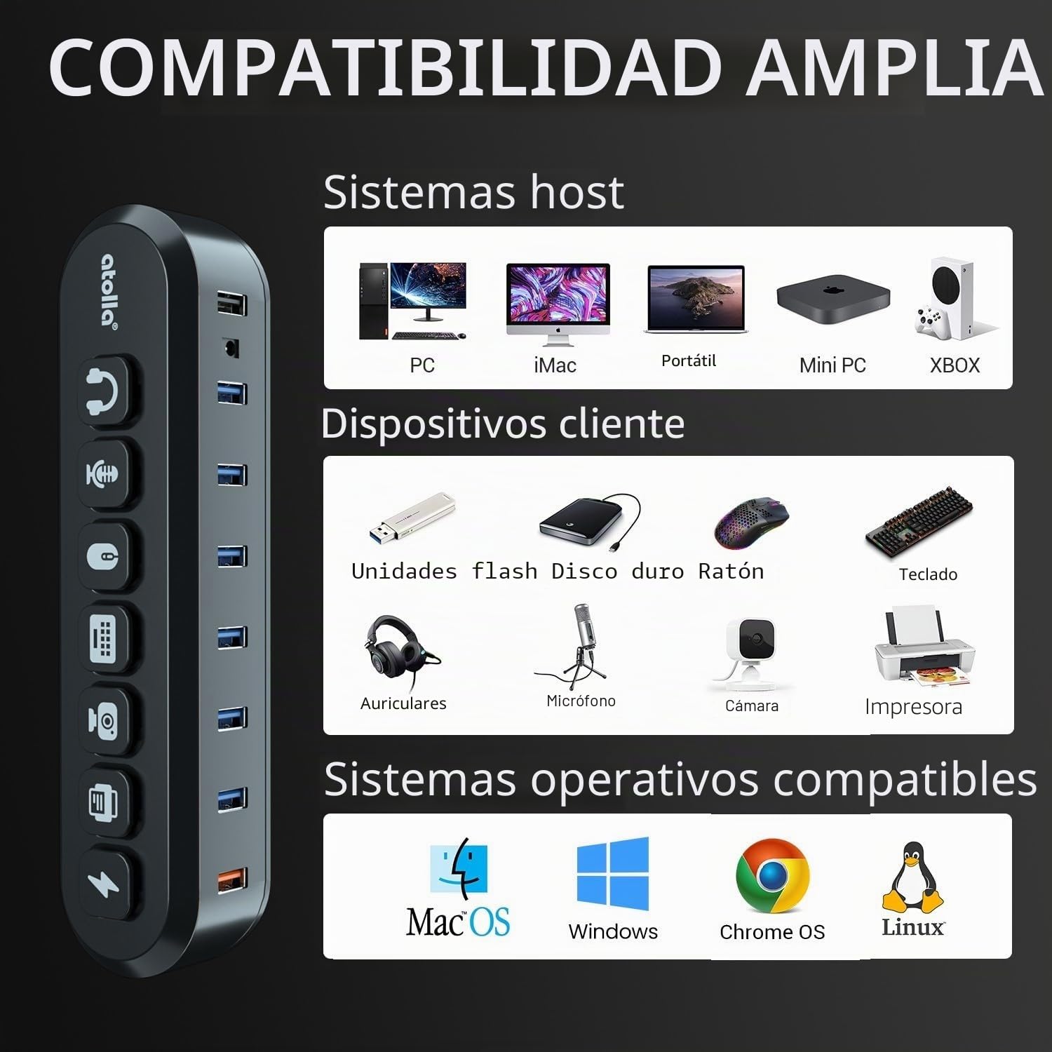 atolla - Hub USB activo 3.0 con fuente de alimentación de 36 W, concentrador USB 3.0 activo de 5 Gbps y 1 puerto de carga rápida, USB Hub con adaptador de fuente de alimentación de 12 V/3 A (cable de