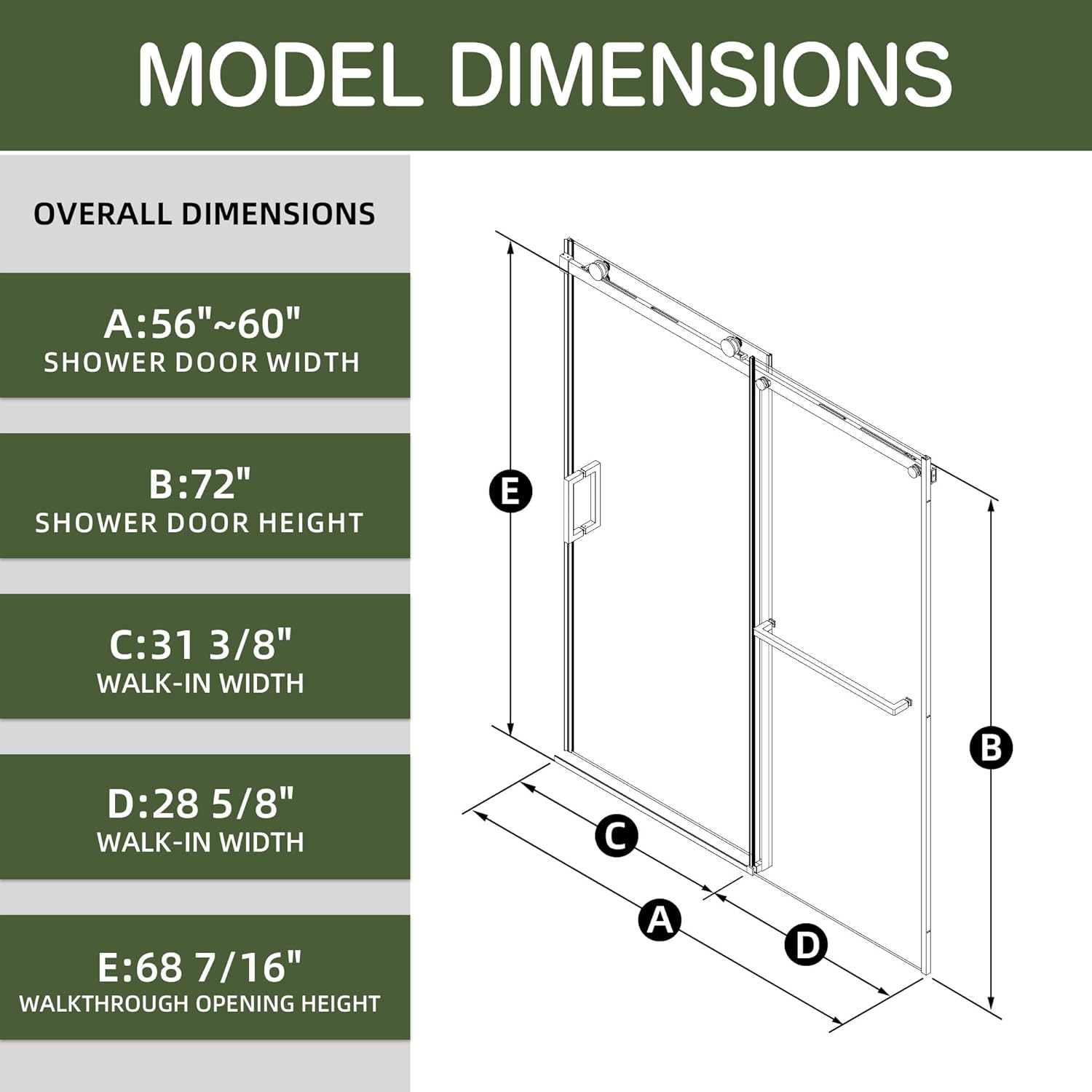 Shower Door, 56"-60" W x 72" H Semi-Frameless Glass Shower Door with Soft-Closing Door, 5/16" (8mm) Clear SGCC & ANSI Tempered Glass, Matte Black Shower Glass Door, Reversible Installation