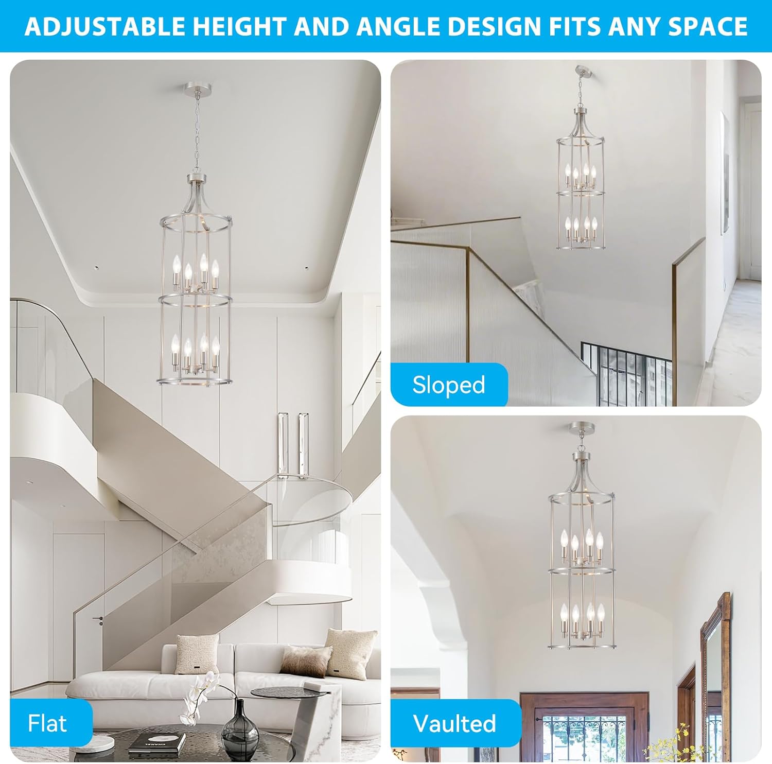 XINGQI Brushed Nickel Chandeliers for High Ceilings, 8 Light Lantern Tiered Chandelier Modern Farmhouse Cage Pendant Lighting Fixture for Staircase Foyer Kitchen Island Dinning Room Living Room