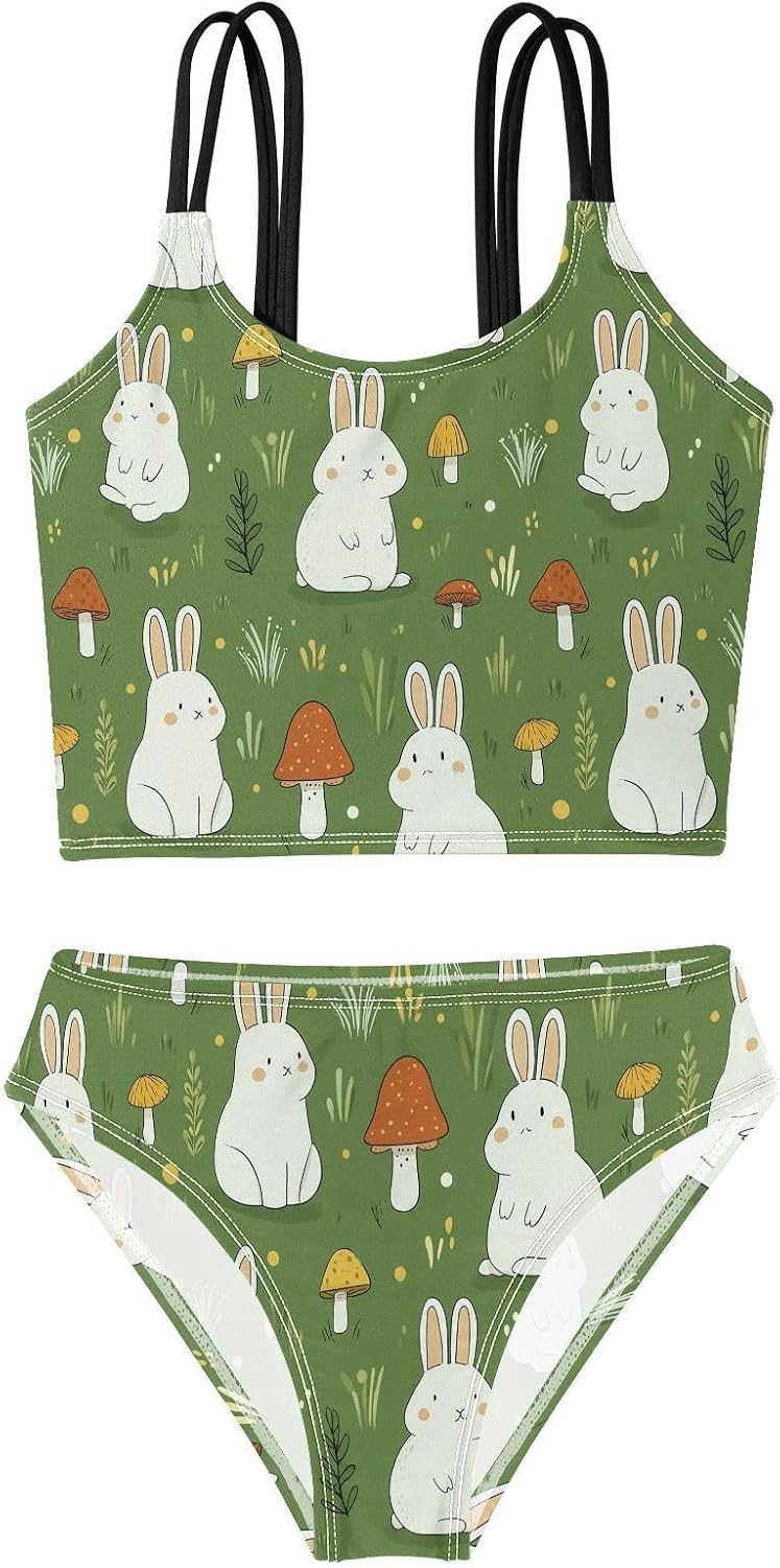 visesunny Girls Two Piece Swimsuits Mushroom Rabbit Girl's Bikini Sets Bathing Suits for Girls Size 5-12Y