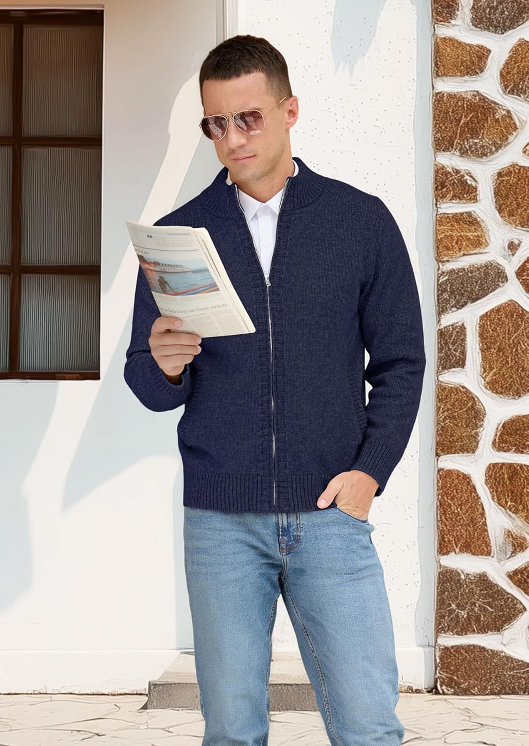 NITAGUT Men's Cardigan Sweater with Pockets Full Zip Up Stand Collar Cardigan Long Sleeve Knitted Sweaters - Image 3