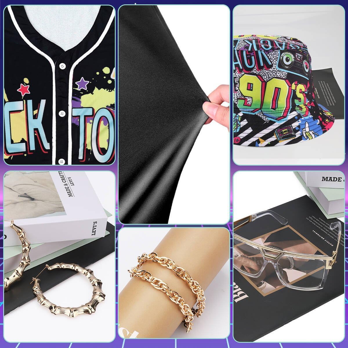 80s 90s Outfit for Women, Unisex Hip Hop Costume Baseball Jersey Shirt Yoga Pants Bucket Hat Gold Chain Rapper Accessories image 3