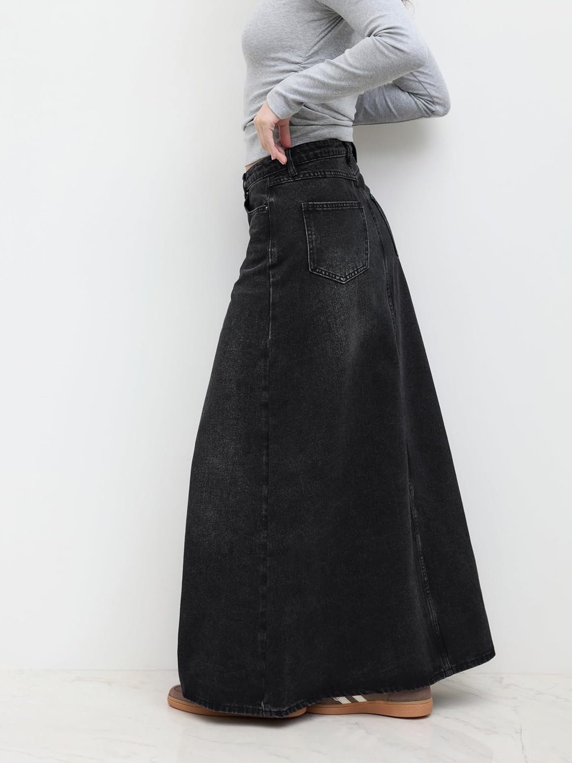 CIDER Denim Skirt Jean Skirt Maxi Skirt A Line Long Skirt High Waist Frayed Hem Denim The Maxi with Pocket