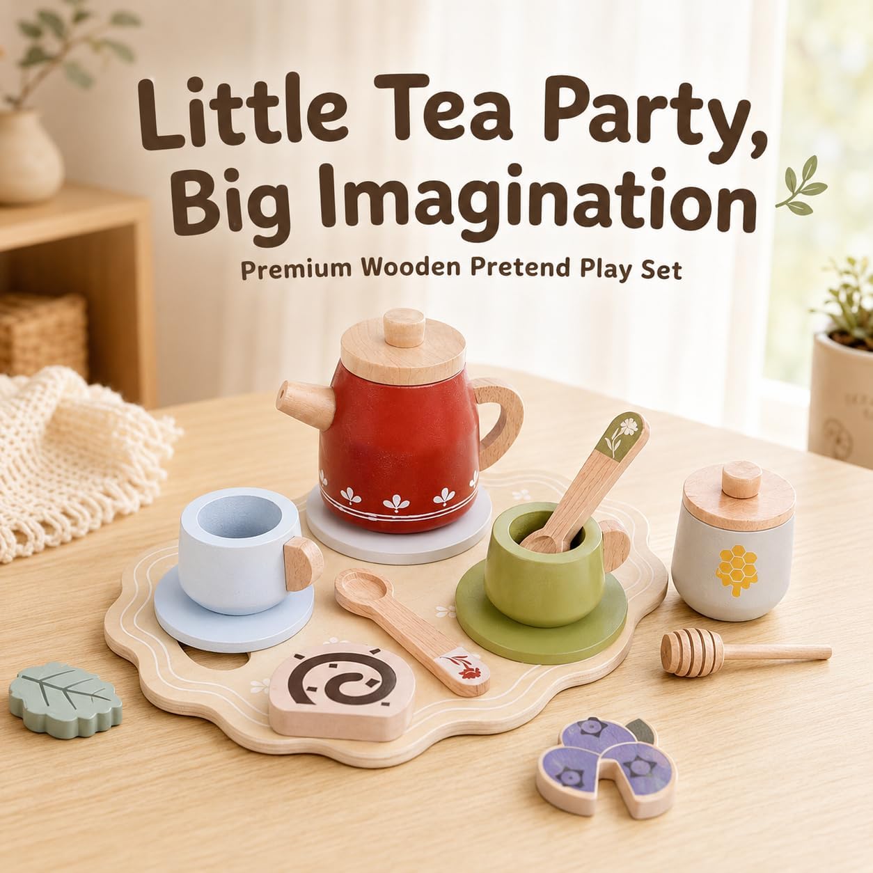 Wooden Red Tea Set Toys - Kids Pretend Play - Tea Party Set with Tea Cup Set and Play Kitchen Accessories - Montessori Toys - Cooking Set - Gift Set for Girls Boys