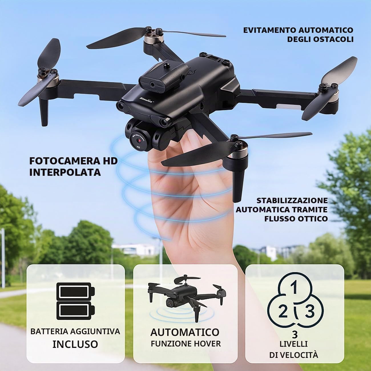 Simulus quadricottero: Droni RC Wi-Fi, pieghevole, con telecamera HD (drone quadricottero, drone pieghevole quadcopter, LED)