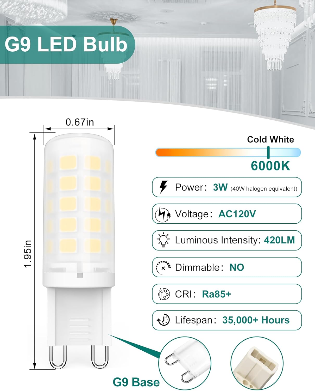 BAOMING G9 LED Bulb Non-Dimmable 3W (40W Equivalent) - 6000K Cool White, Super Bright 420LM, No Flicker, Plastic Base - for Basement, Corridor, Utility Room, High-Visibility Areas - 12 Pack