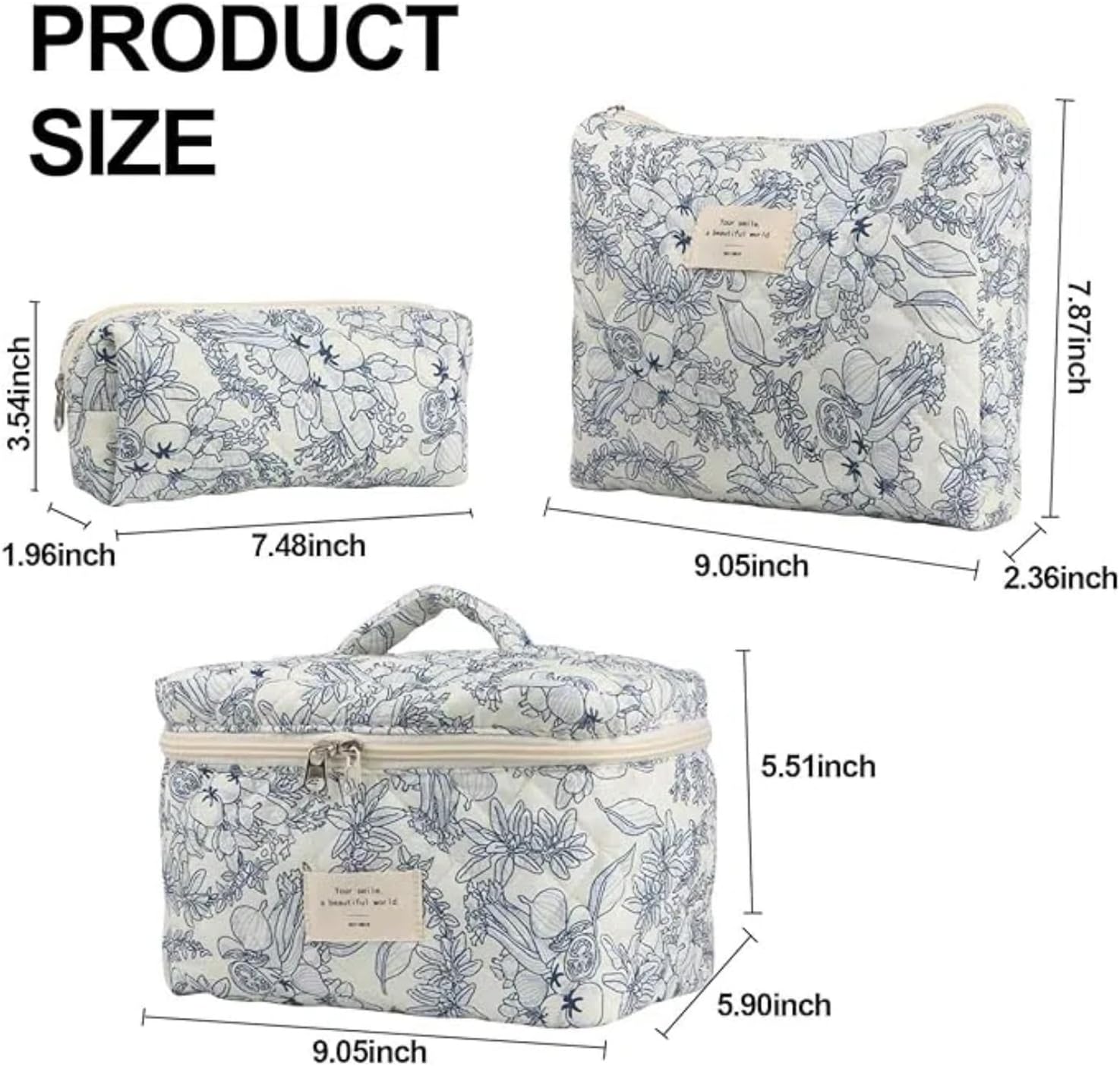 Floral Quilted Makeup Bag Set for Women Aesthetic Travel Large Cute Cosmetic Toiletry Pouch Lightweight Cotton Tote Purse Organizer Insert Valentines_Gifts for Her, c01 (3PCS#06Dark Blue)