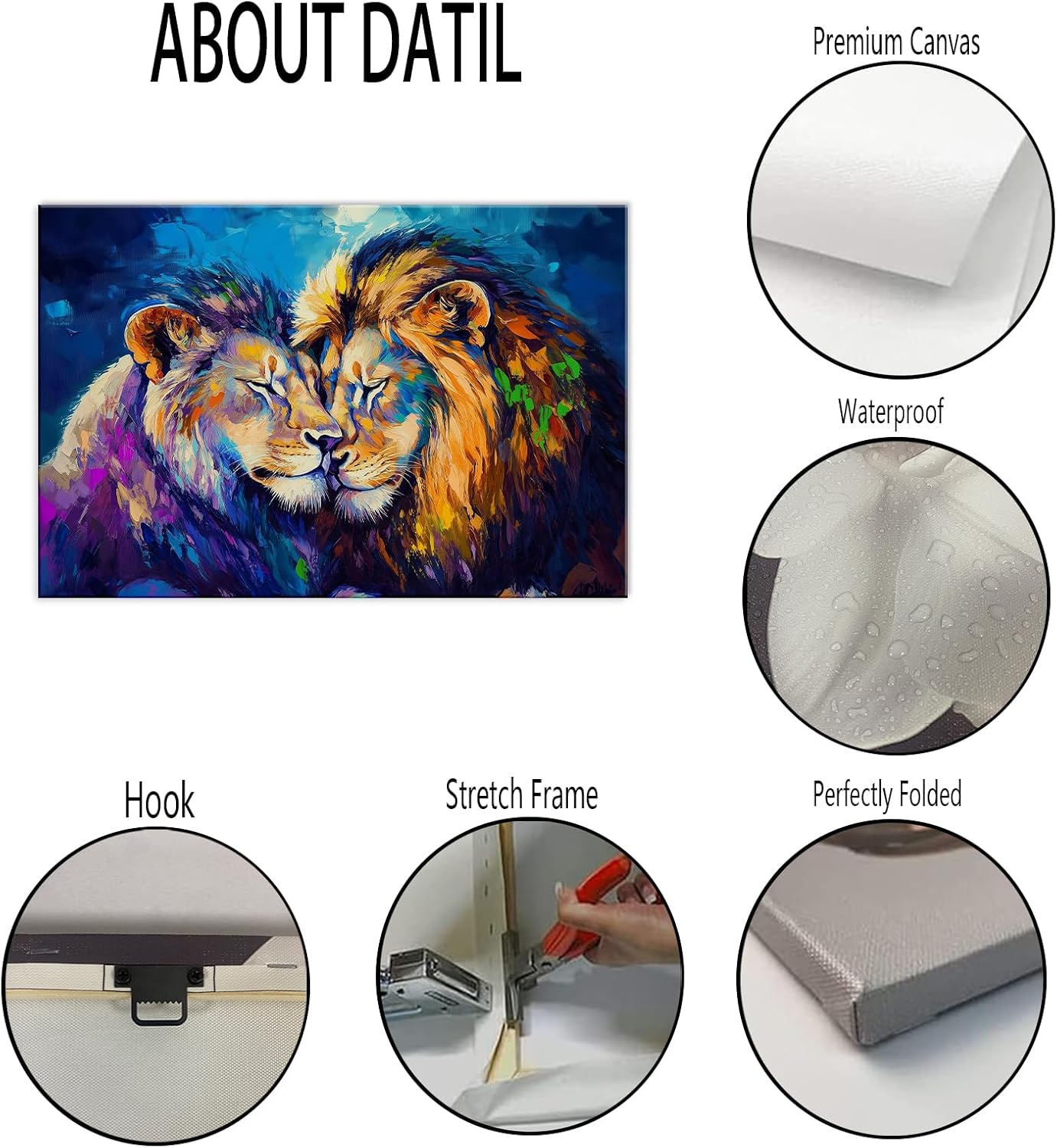 Lion Couple Canvas Wall Art Colorful Wildlife Pictures Wall Decor Abstract Blue Artwork Framed Animal Painting for Home Office Living Room(Artwork-1,12"x18")