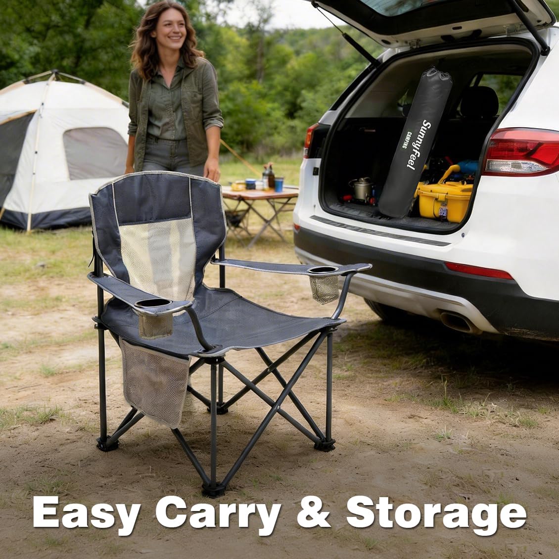 SUNNYFEEL Camping Chairs for Adults, Oversized Camping Chair Heavy Duty 500LBS, Portable Lawn Chair with Cup Holder, Side Pocket&Bag for Outdoor Camping/Beach/Picnic/Fishing, Grey