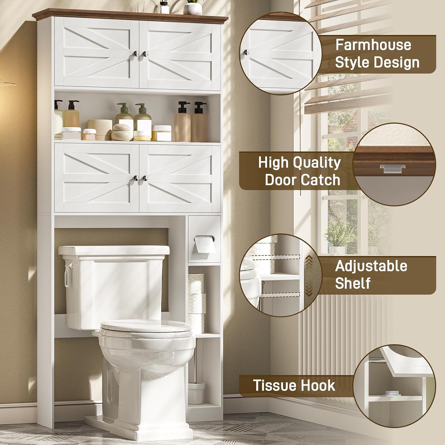 Halitaa Wooden Over The Toilet Storage Cabinet with Barn Door, White