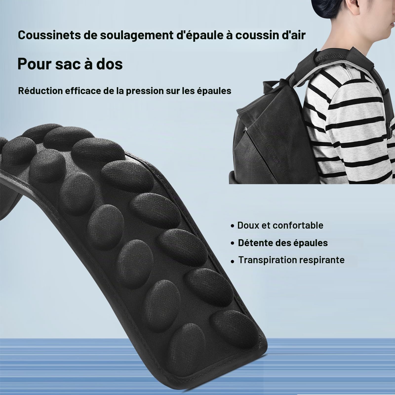 Lot de 2 coussinets de bandoulière amovibles. Rembourrage de sangle de sac à dos avec coussin d'air, décompression anti-gravité, ventilation et dissipation de la chaleur (noir)
