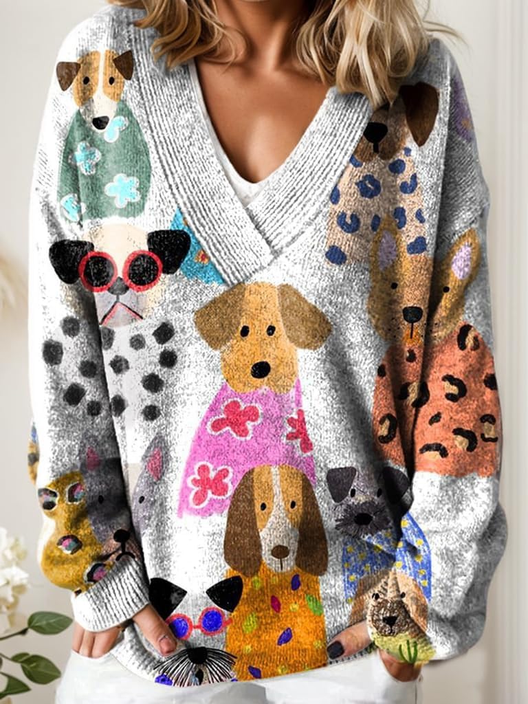 Women's Casual Cute Graphic Print V-Neck Pullover Sweater Fall and Winter Oversized Vintage Long Sleeve Floral Tops - Image 2