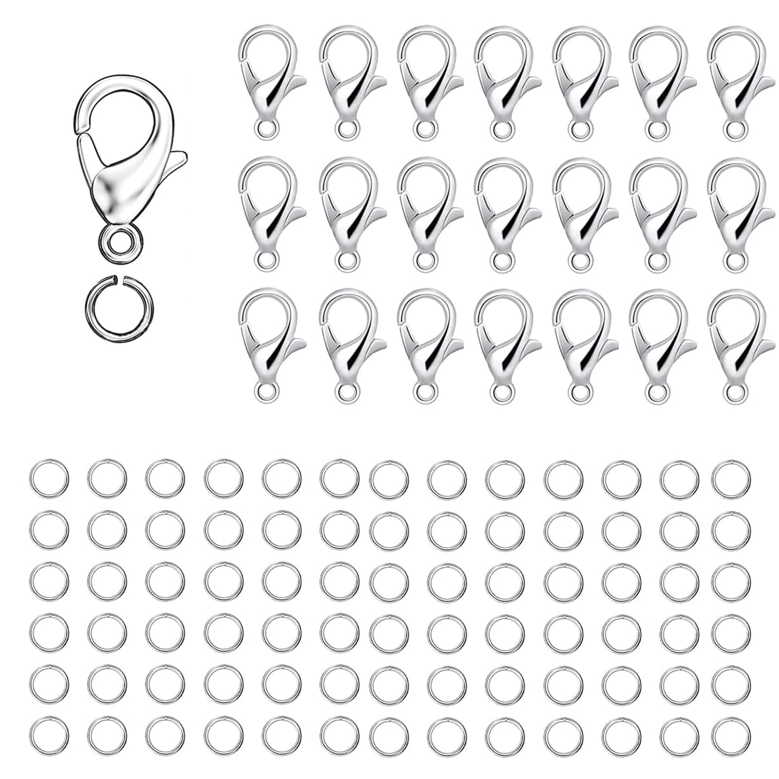 20PCS Lobster Clasp with 100 Pcs Open Jump Ring Set, Jewelry Bracelet Connectors Necklace Clasp Bracelet Clasp Jump Rings for Jewelry Making-Silver