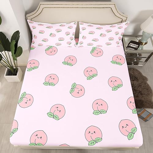 Erosebridal Sábana bajera ajustable de dibujos animados tamaño individual rosa melocotón sábana infantil Kawaii juegos de ropa de cama niña