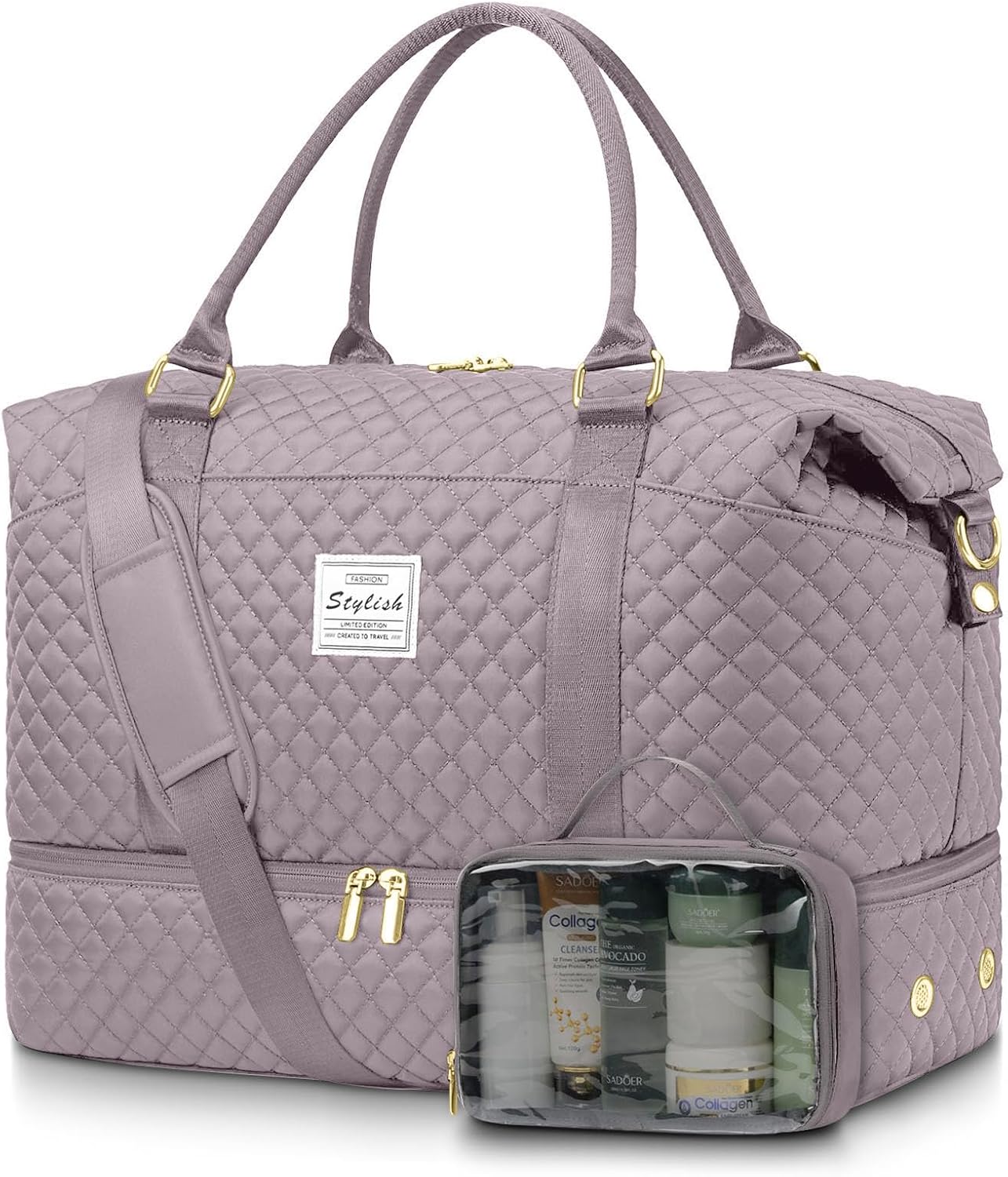 Women Weekender Travel Duffle Bag: Travel Duffel Overnight Bags with Shoe Compartment Carry on Tote Bags Toiletry Bag Weekend Yoga Gym Hospital Bags for Labor and Delivery with Wet Pocket Purple Grey