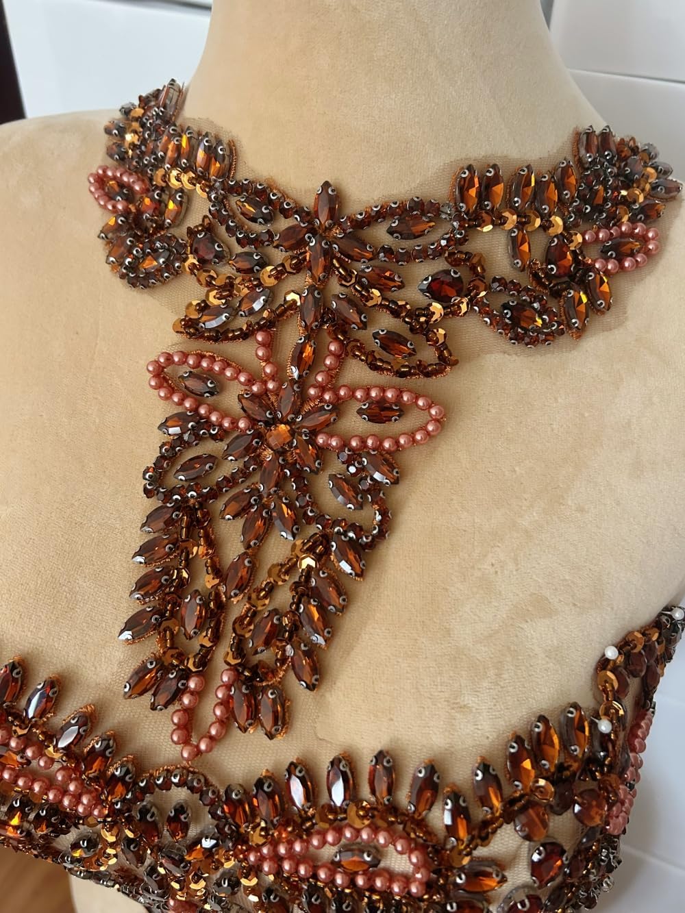Luxury Wedding Dress Appliques - Lace with Rhinestones & Crystal Grab Diamonds, Sparkling Embellishments for Bridal Gowns & Bodycon Dresses, Handmade Heavy Embroidery Decorations (Brown)