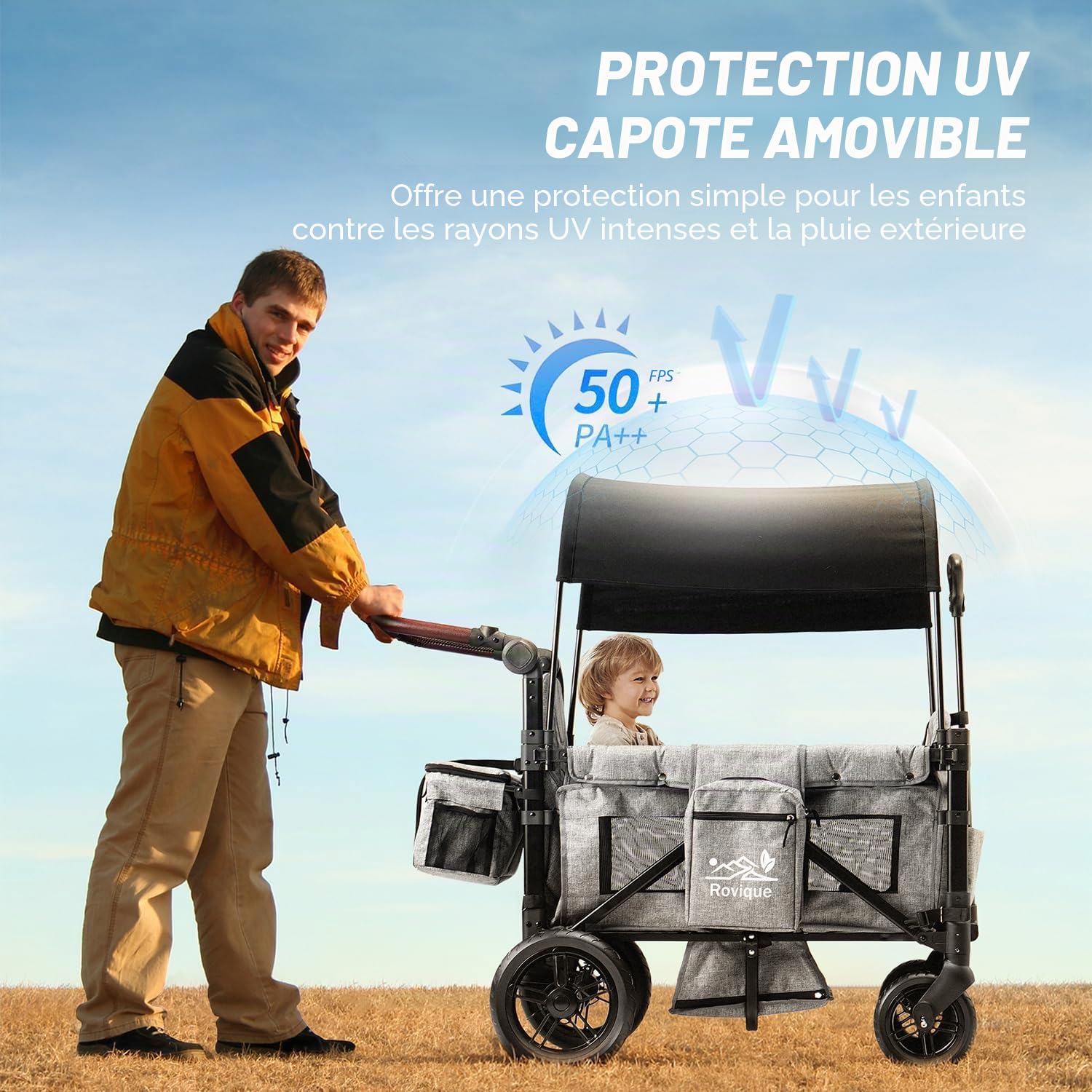 Chariot pliable avec toit, chariot de qualité supérieure pour 2 enfants, poussette double avec toit, plateau à collations, ceinture à 5 points, roues en polyuréthane pour tout-terrain, chariot de