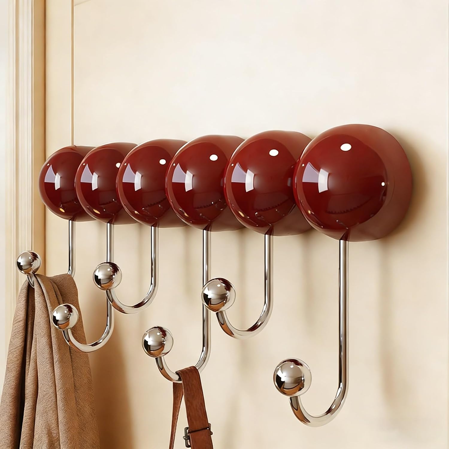 Wall Mounted Coat Rack with Strong Adhesive, Glossy Ball Hooks for Entryway, Bathroom, Closet Organization, Vintage Colors, Heavy Duty & Removable(Green,7 Hook)