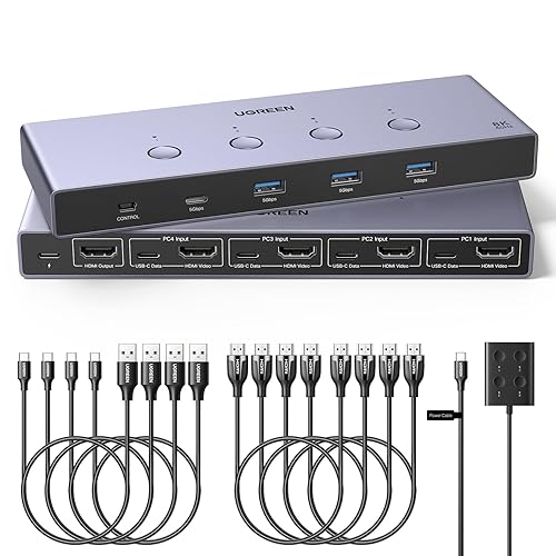 UGREEN 8K@60Hz HDMI KVM Switch 4 Computers with 4 USB 3.0 Ports Aluminum KVM Switches Share One Monitor Keyboard Mouse Hard Drives Printer with 4 HDMI Cables, 4 USB Cables and Desktop Controller