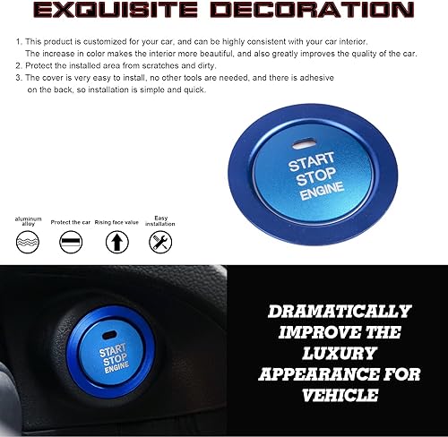 Miniatura 4 de x xotic tech Tapa del botón de arranque del motor, 2 piezas (azul brillante) de aleación de aluminio para botón de encendido del motor, compatible