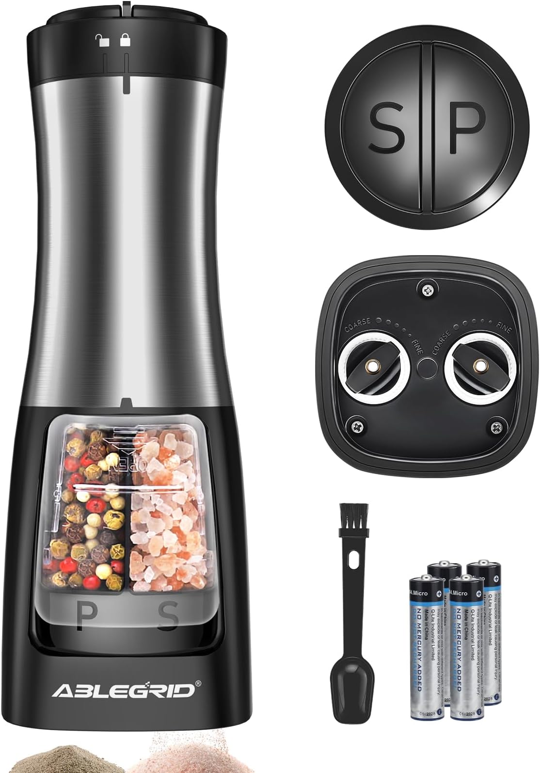 ABLEGRIDElectric Salt and Pepper Grinder 2 in 1 Battery Powered, Automatic Pepper Mill & Salt Grinder Refillable, One-handed Operation, Adjustable Coarseness, 2-Button Control, Ceramic Grinding Core
