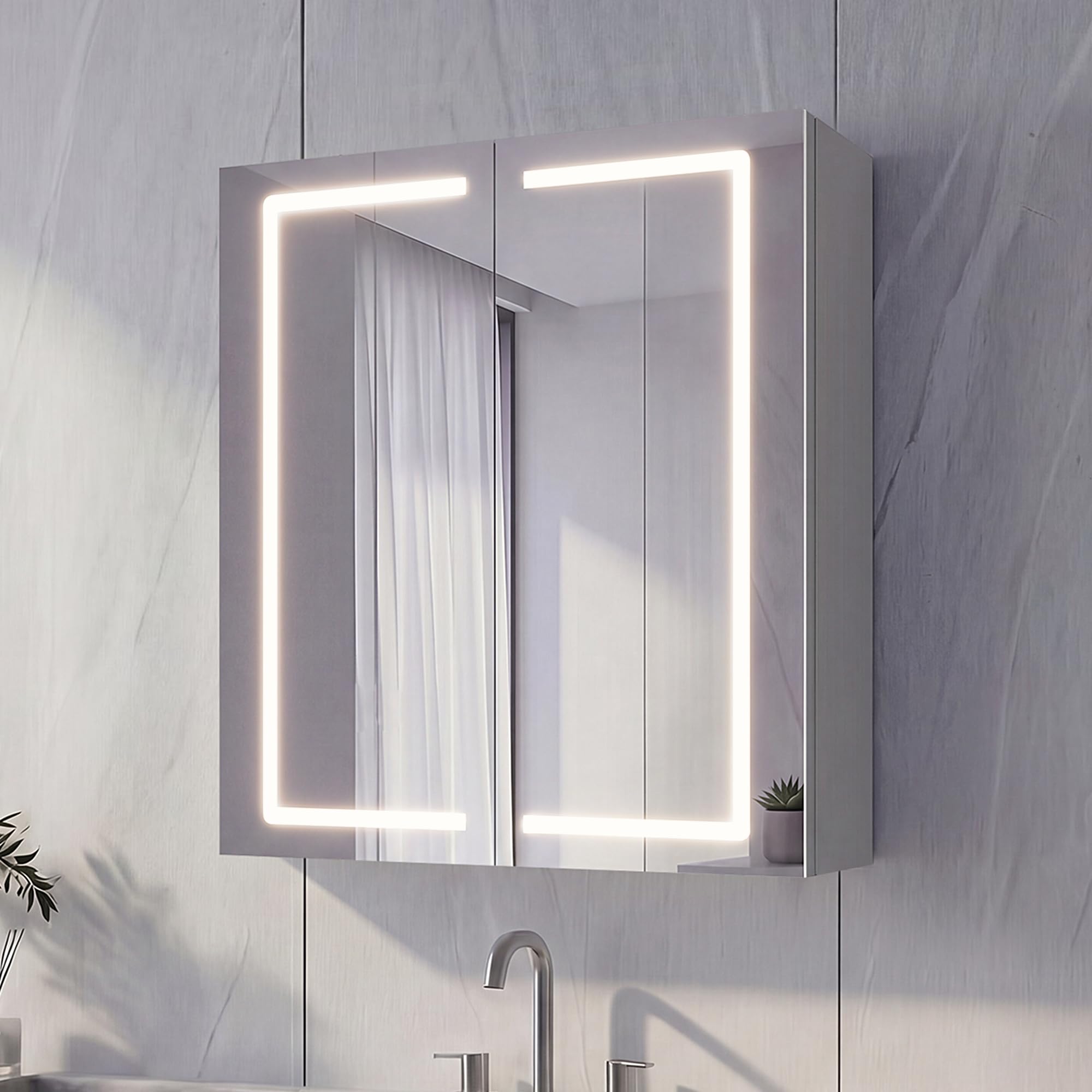 Spiegelschrank Bad mit Beleuchtung Vormontiert 60x70x14cm Steingrau