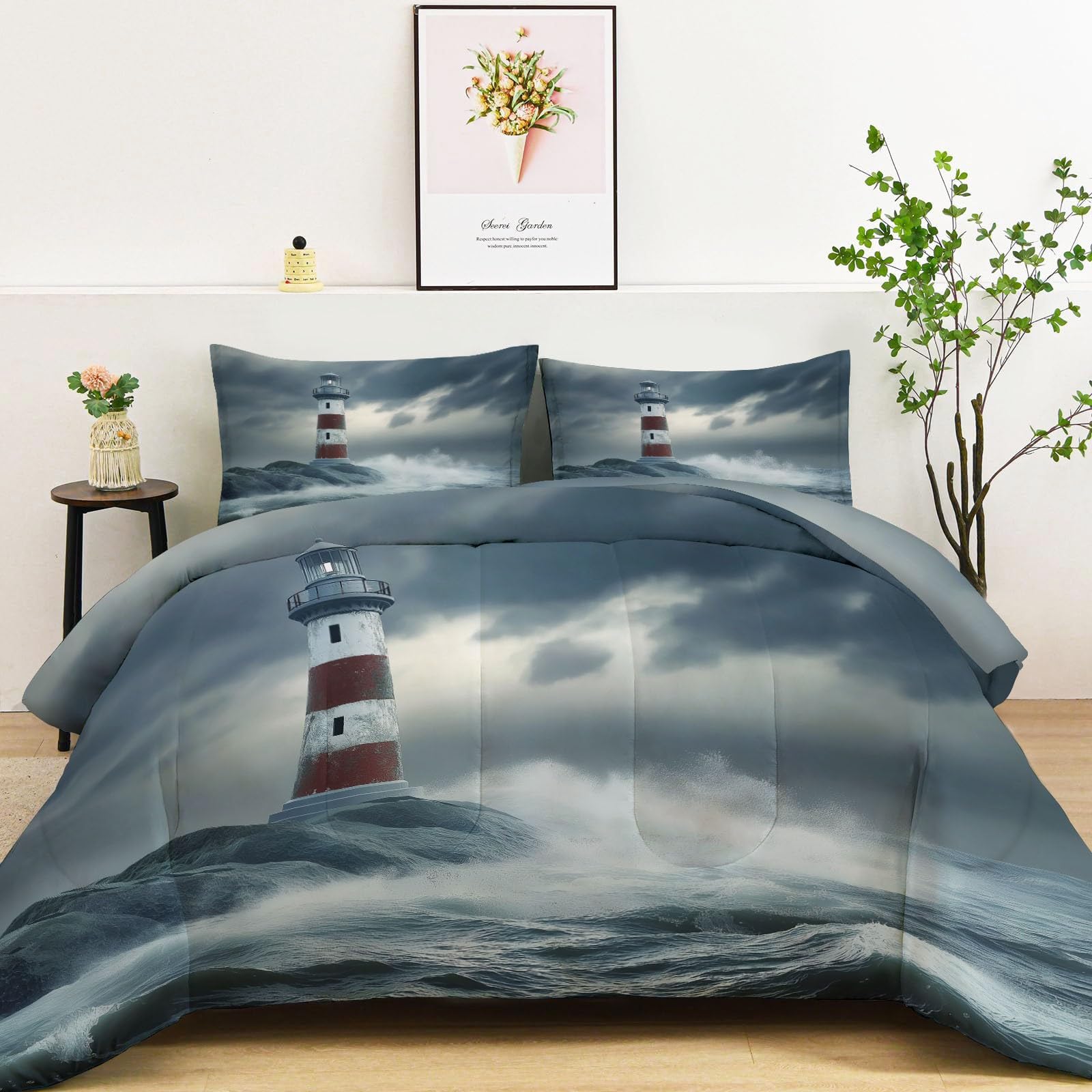 Natürliche Wellen Leuchtturm Ganzjahresdecke, 4 Jahreszeiten Waschbare Bettdecke Ohne Bezug, Wendbare Tagesdecke aus Mikrofaser, beidseitig verwendbar, 135x200 cm, Graublau