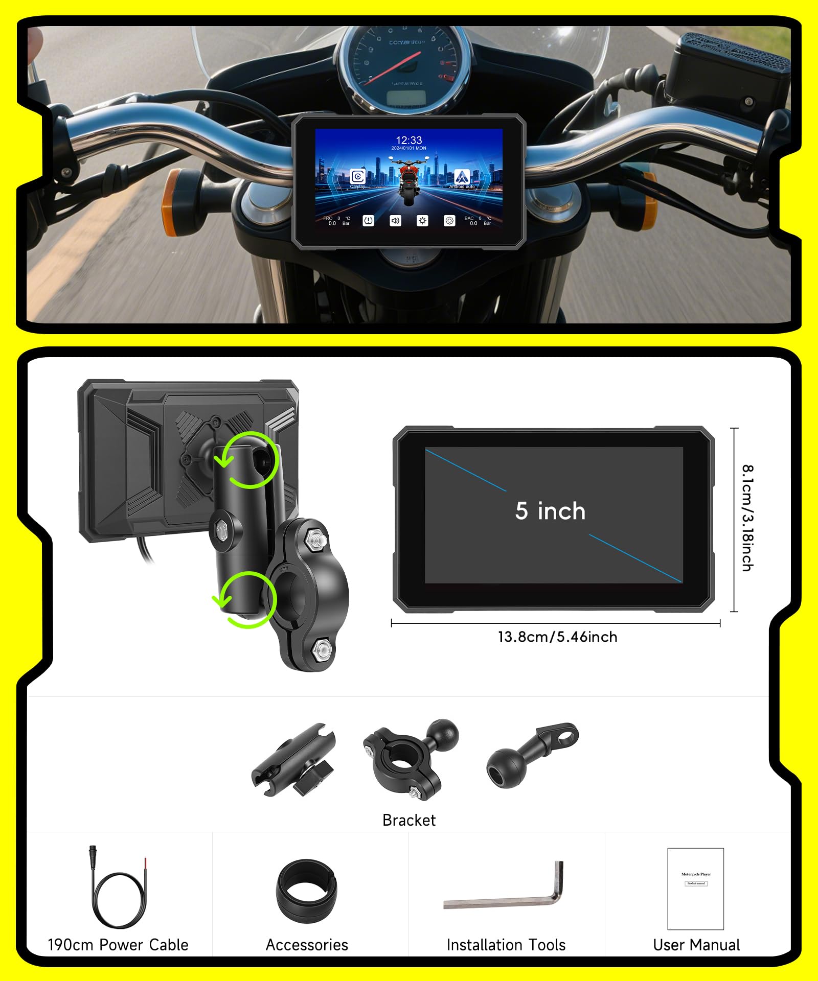 Rimoody 5-calowy ekran Carplay do motocykla bezprzewodowy Carplay Android samochód